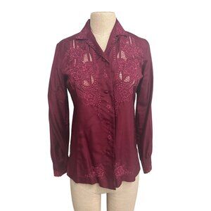Vintage Red Peacock Hand-Embroidered Burgundy Silk Blouse With Floral Detailing